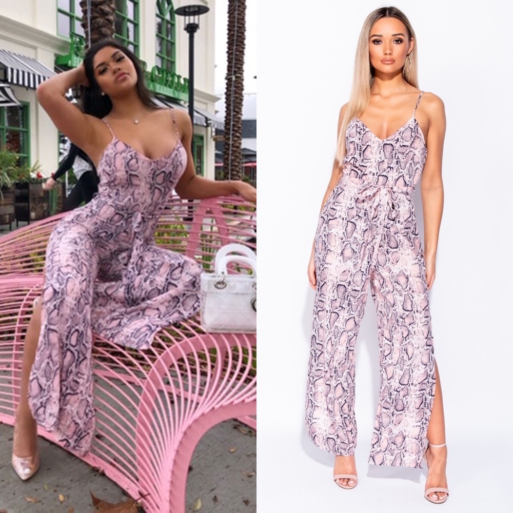 Zia Pink Belted Snake Print Jumpsuit
